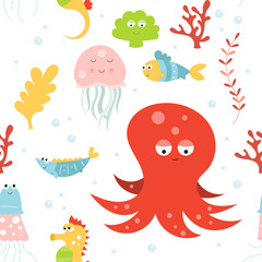 Sea life seamless pattern with cute octopus, jellyfish, seahorse and fishes. Vector Illustration. Great for wallpaper, baby clothes, greeting card, wrapping paper.