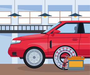 car repair shop with red car and battery and brake disk