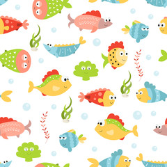 Sea life seamless pattern with cute fishes. Underwater background. Vector Illustration. Great for wallpaper, baby clothes, greeting card, wrapping paper.