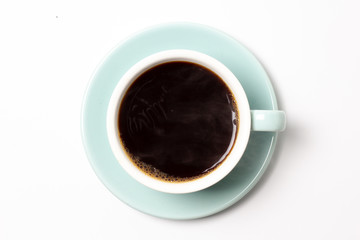 blue coffee cup top view closeup isolated on white background.