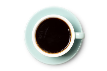 blue coffee cup top view closeup isolated on white background.