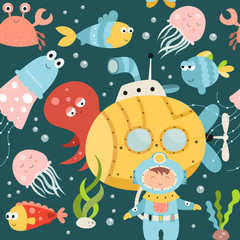 Sea life seamless pattern with cute underwater animals, diver, submarines and fishes. Vector Illustration. Great for wallpaper, baby clothes, greeting card, wrapping paper.