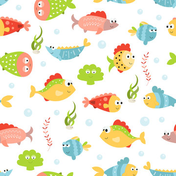 Sea life seamless pattern with cute fishes. Underwater background. Vector Illustration. Great for wallpaper, baby clothes, greeting card, wrapping paper.