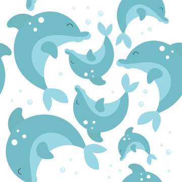 Sea life seamless pattern with cute dolphins. Underwater background. Vector Illustration. Great for wallpaper, baby clothes, greeting card, wrapping paper.