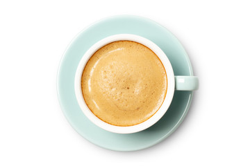 blue coffee cup top view closeup isolated on white background.