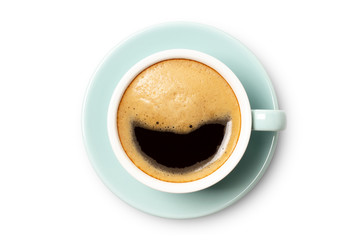 blue coffee cup top view closeup isolated on white background.