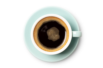blue coffee cup top view closeup isolated on white background.