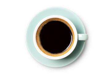 blue coffee cup top view closeup isolated on white background.