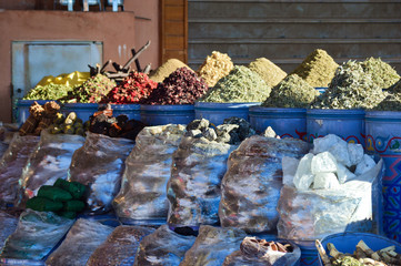 Moroccoan colorful spices, herbs, stalls at markets and souks