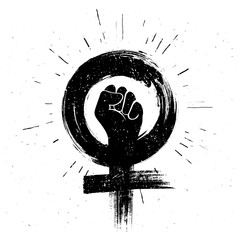 Vector illustration women resist symbol. Raised fist icon. Female gender and  feminism logo design. - obrazy, fototapety, plakaty