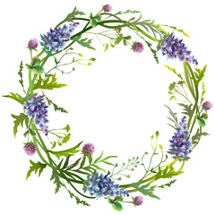 Floral romantic wreath with blue flowers  and green herbs. Vector illustration.