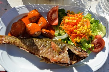 Delicious seafood, fish with potatoes and mojo picon sauce. Fuerteventura, Canary Island, Spain.