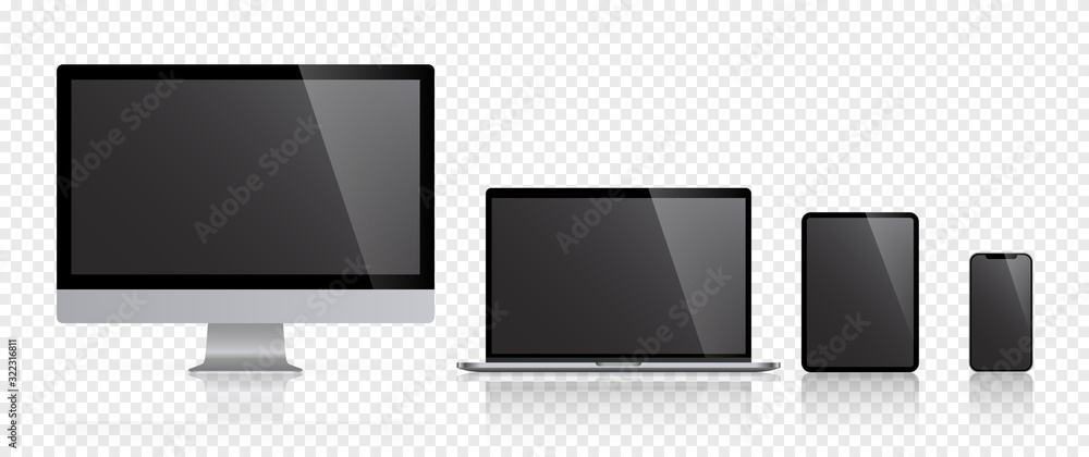 Poster realistic set of computer monitors desktop laptop tablet and phone reflect with black screen and che