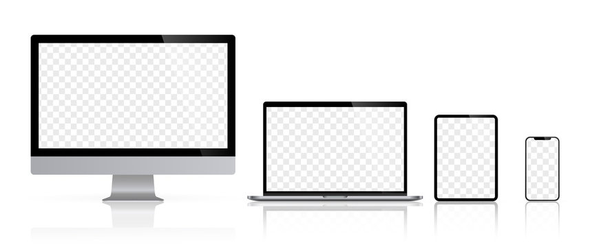 Realistic set of computer monitors desktop laptop tablet and phone reflect with checkerboard screen and white background v3. Isolated illustration vector illustrator Ai EPS