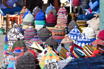 Caps, bags and all kind of stuff at Moroccan souks and markets in the streets