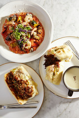 Grilled meat and cheese sandwich with potage and risotto