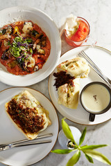 Grilled meat and cheese sandwich with potage and risotto