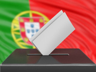 Ballot box with Portuguese flag on background 