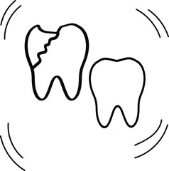 Sick and healthy tooth isolated in doodle style. Broken tooth on white background. Vector illustration for dentist. 