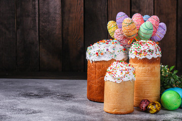 easter cake and easter eggs, traditional holiday design (happy easter) menu concept. food background. top view. copy space