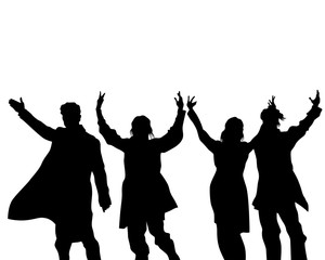 Artists on stage dance and raise their hands up. Isolated silhouettes on a white background - obrazy, fototapety, plakaty
