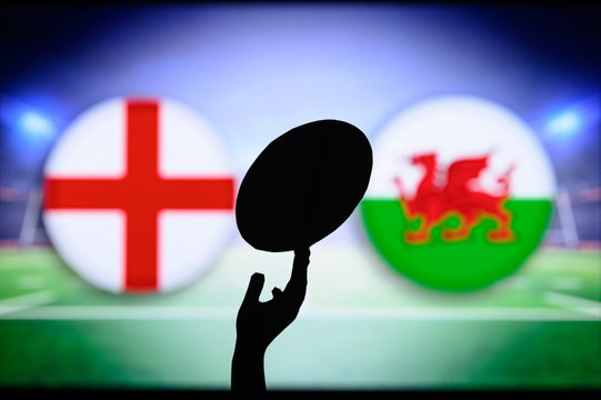 England Vs Wales, Six Nations Rugby Match, Rugby Ball In Hand Silhouette