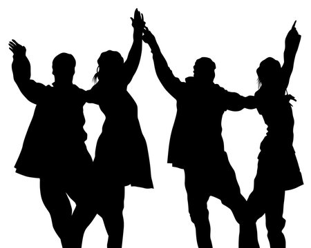Artists on stage dance and raise their hands up. Isolated silhouettes on a white background