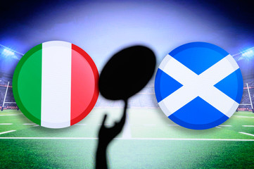 Italy vs Scotland, Six nations Rugby match, Rugby ball in hand silhouette