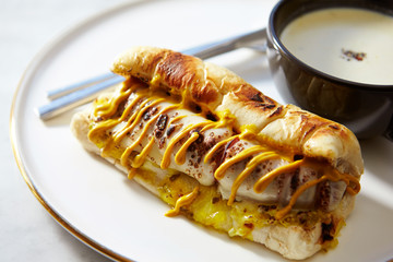 White sausage hot dog with potage 