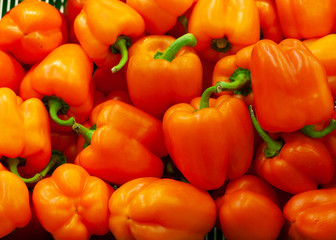 Orange sweet pepper, fresh harvest, sold in the supermarket