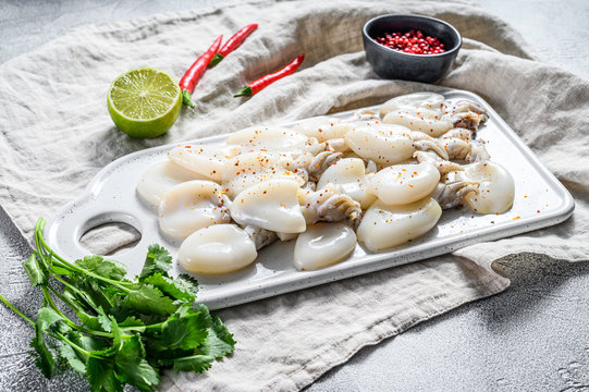 Raw mini cuttlefish with chili pepper and parsley on a cutting Board. Gray background. Top view