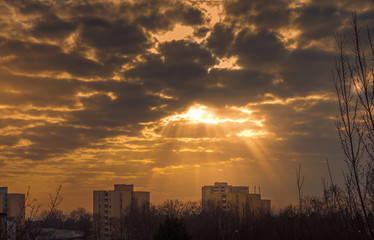 Sunbeams shining through a break in the clouds