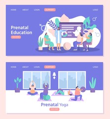 Pregnant women exercises fitness, yoga and prenatal education vector illustration websites page template set. Pregnancy gymnastic activity classes, preparation for childbirth, care internet banners.