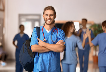 Male student in corridor of medical university