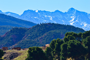 High atlas mountains including mount ain Jabal Toubkal from Imlil and the valley around in Morocco