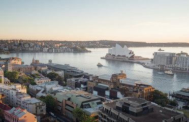 sunrise, Aerial view of Sydney with Harbour Bridge, Australia