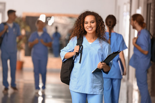African-American student in corridor of medical university