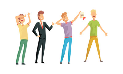 Obraz premium Cheerful Successful Men Characters Set, Smiling Businessman and Guys in Casual Clothes Vector Illustration