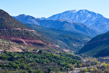 Fototapeta na wymiar High atlas mountains including mount ain Jabal Toubkal from Imlil and the valley around in Morocco