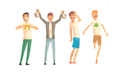 Fototapeta premium Cheerful Lucky Men Characters Set, Smiling Successful Guys in Casual Clothes Vector Illustration