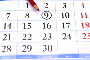 calendar with a red pencil and with black circle