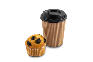 Freshly baked banana cupcake with raisin and cup of coffee on white background with clipping path.