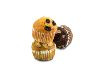 Tower of freshly baked cupcake on white background with clipping path.