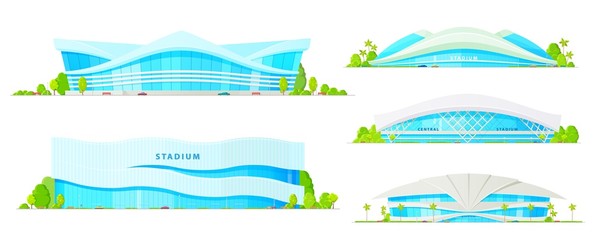 Stadium building icons with vector sport arenas of soccer, football, basketball, baseball and ice hockey with play fields, rinks, athletic tracks and modern glass facades. Sporting architecture themes © Vector Tradition