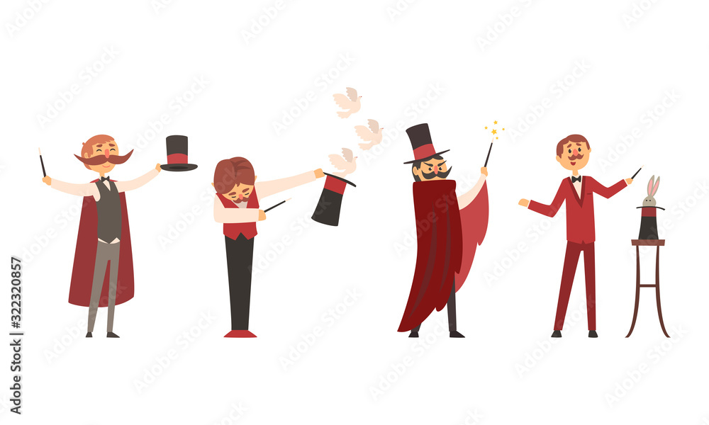 Wall mural collection of magicians characters performing tricks at magic show vector illustration