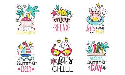 Enjoy Summer Logo Templates Collection, Lets Have Fun and Chill, Aloha Summer Day Cute Colorful Labels Vector Illustration