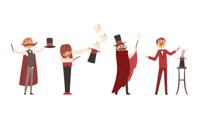 Collection of Magicians Characters Performing Tricks at Magic Show Vector Illustration