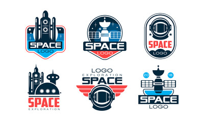Space Logo Design Templates Collection, Space Adventure, Cosmos Exploration Labels Vector Illustration