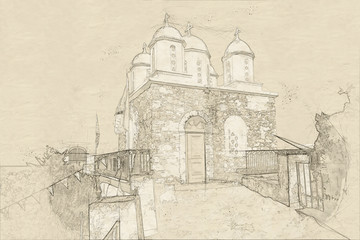Sketch of monastery of Agios Ioannis inside Koroni fortress
