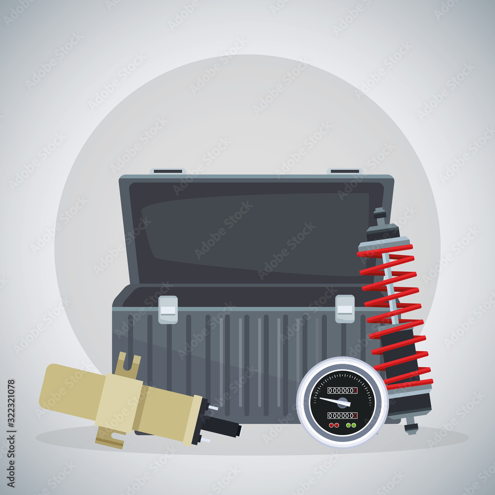 Poster empty tools box with shock absorber and spark plug